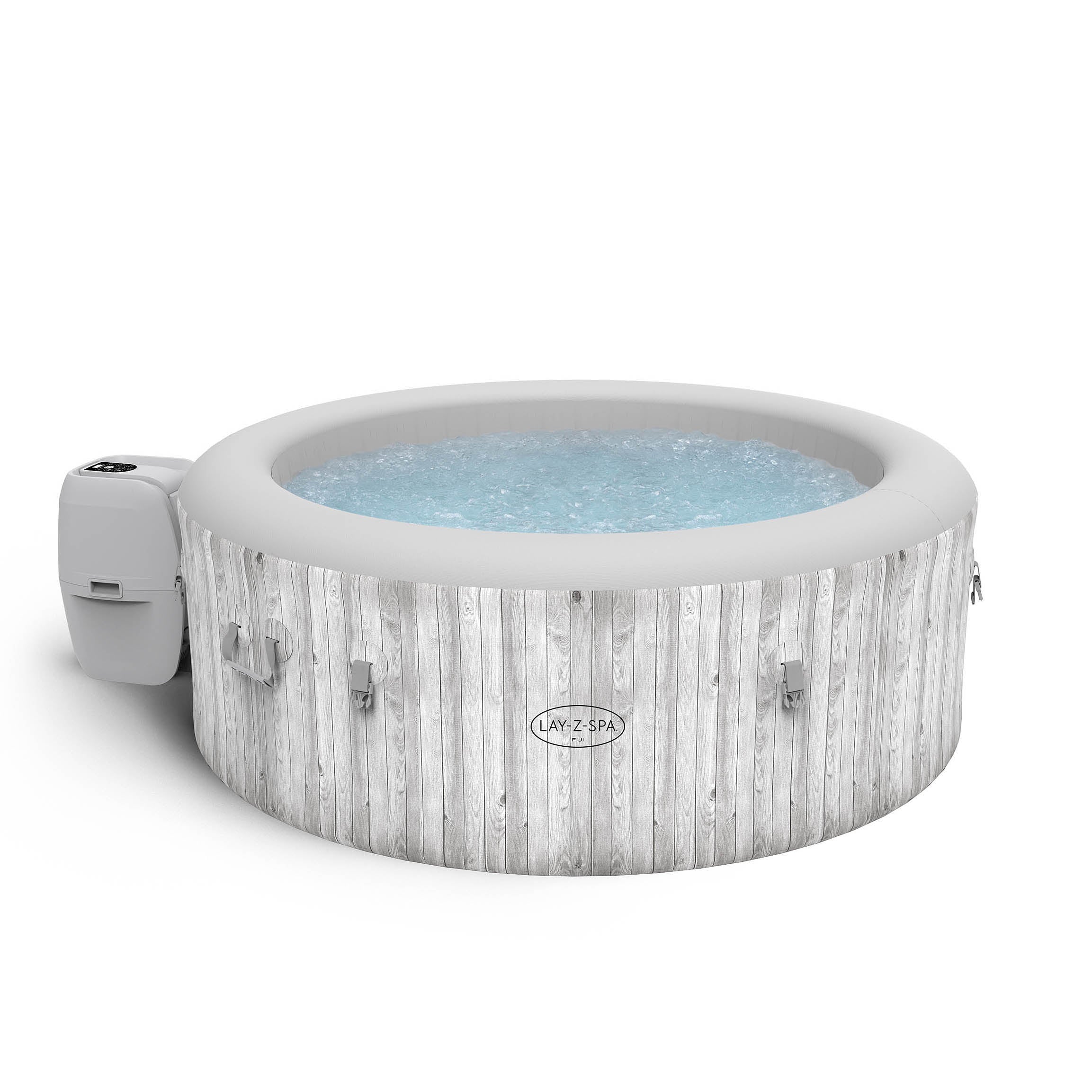 Inflatable hot tub with wooden design