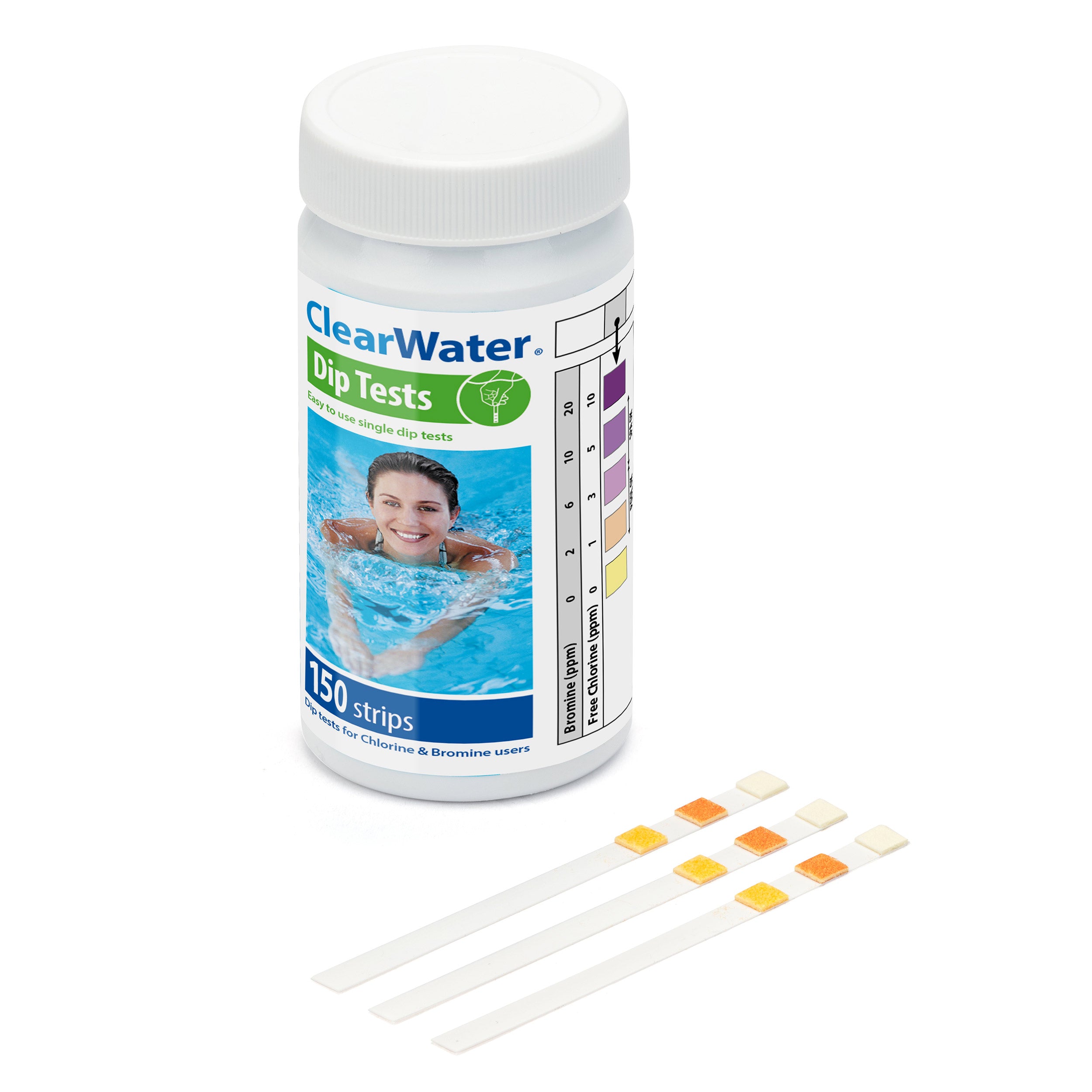 ClearWater dip tests for pool water quality on a white background