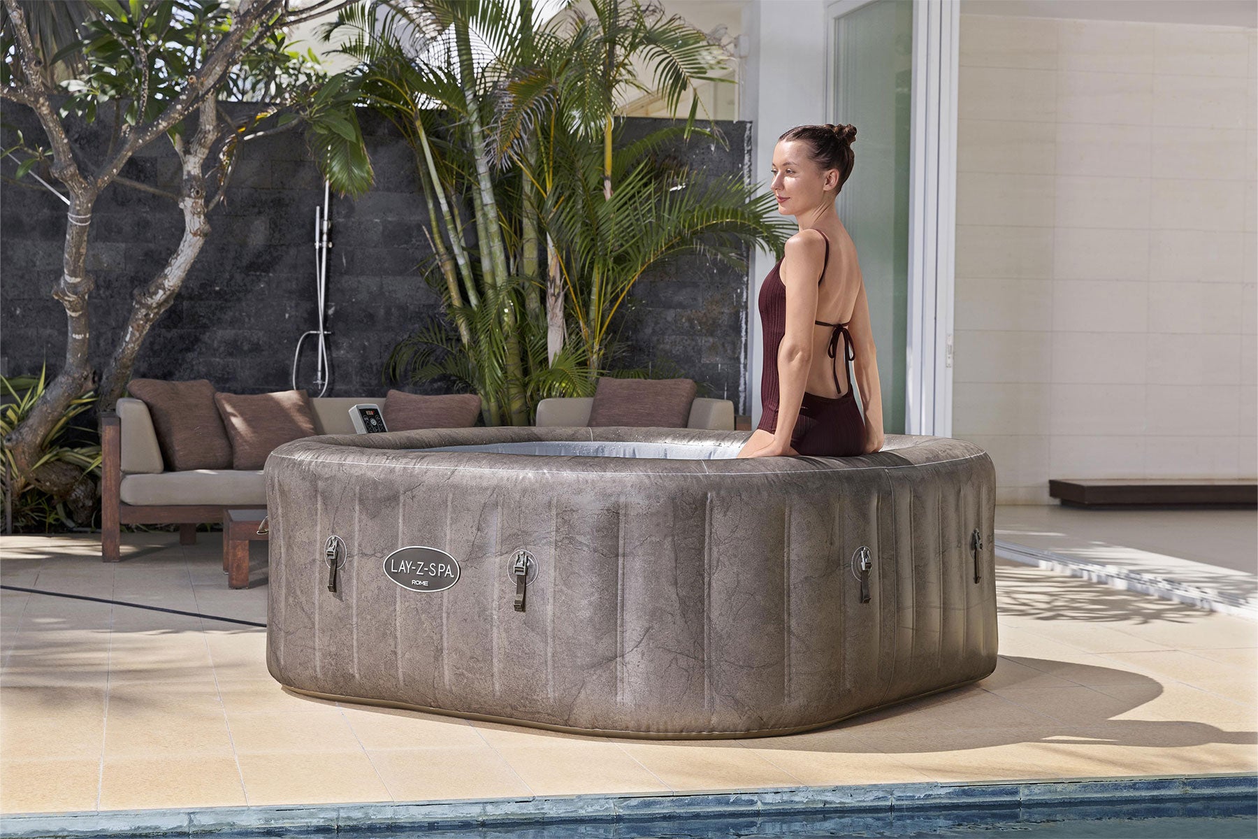 neutral marble effect hot tub grey square
