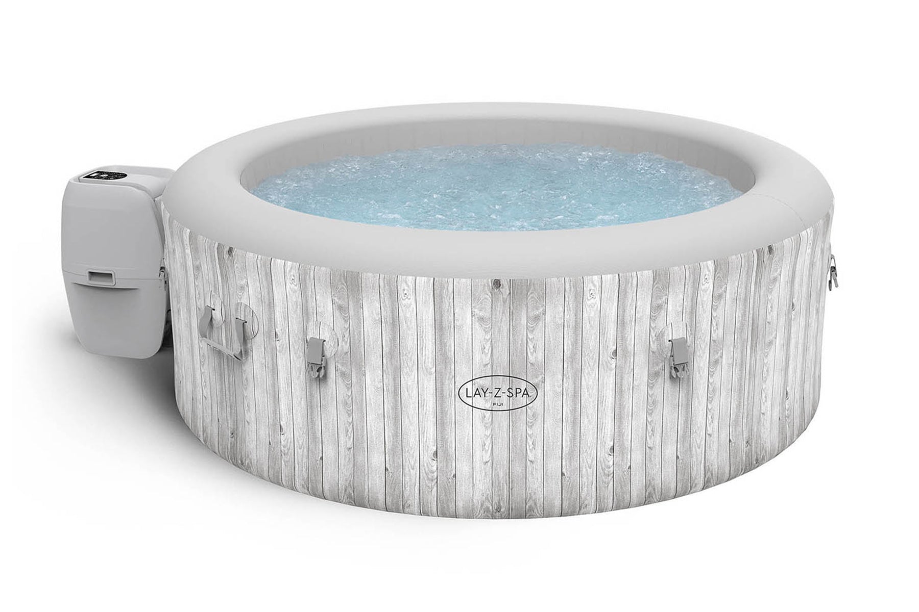 round inflatable hot tub with wooden design